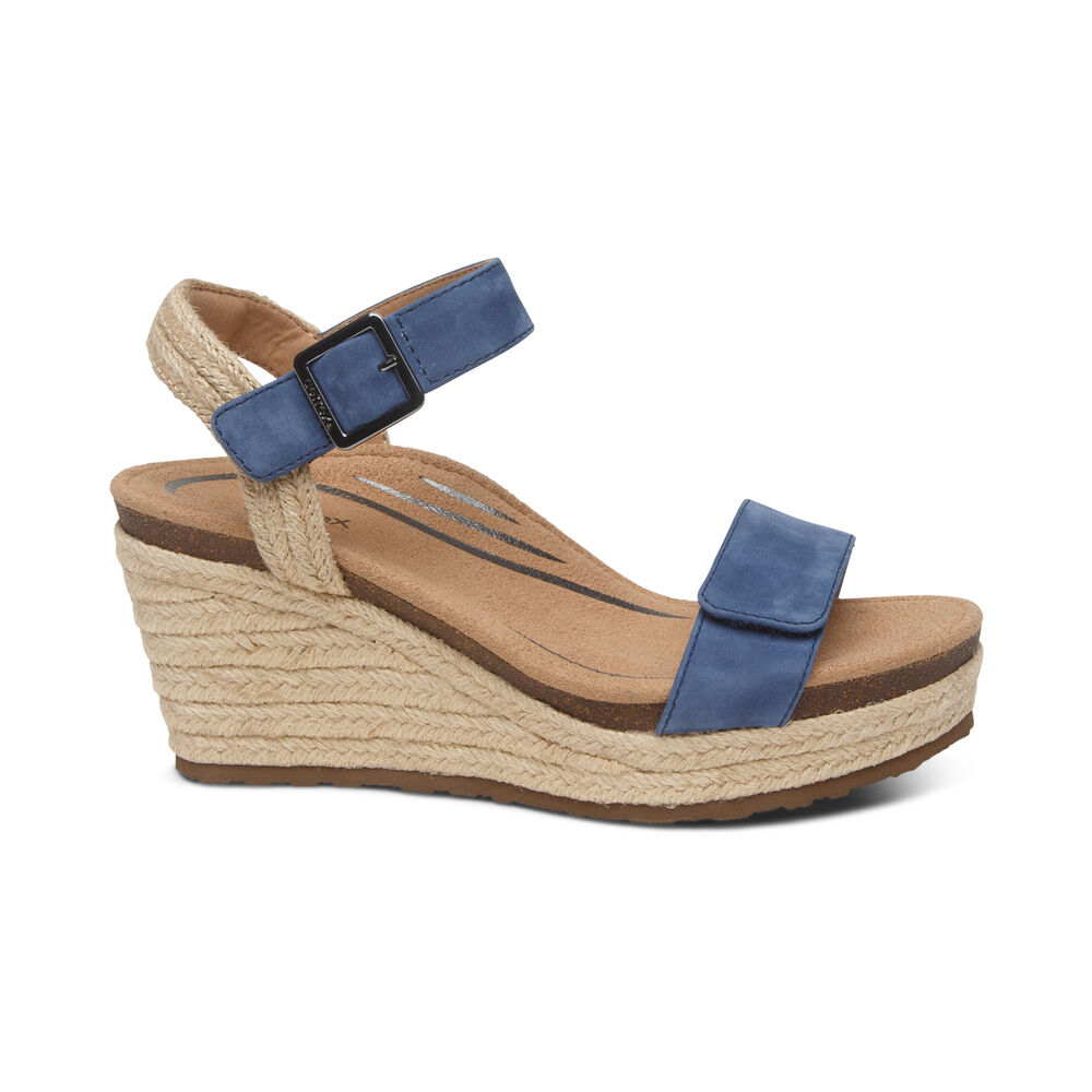 Aetrex Women's Sydney Quarter Strap Espadrille Wedge Sandals - Blue | USA 7TAMG55